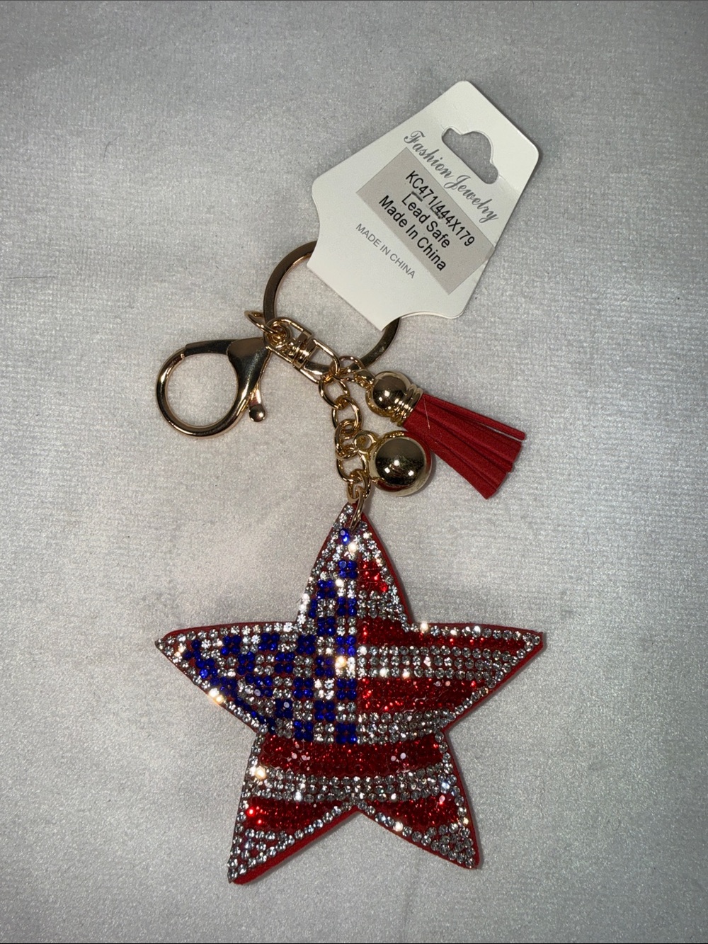 Fashion Jewelry Red, Blue & White Rhinestone Star Keychain with Tassel